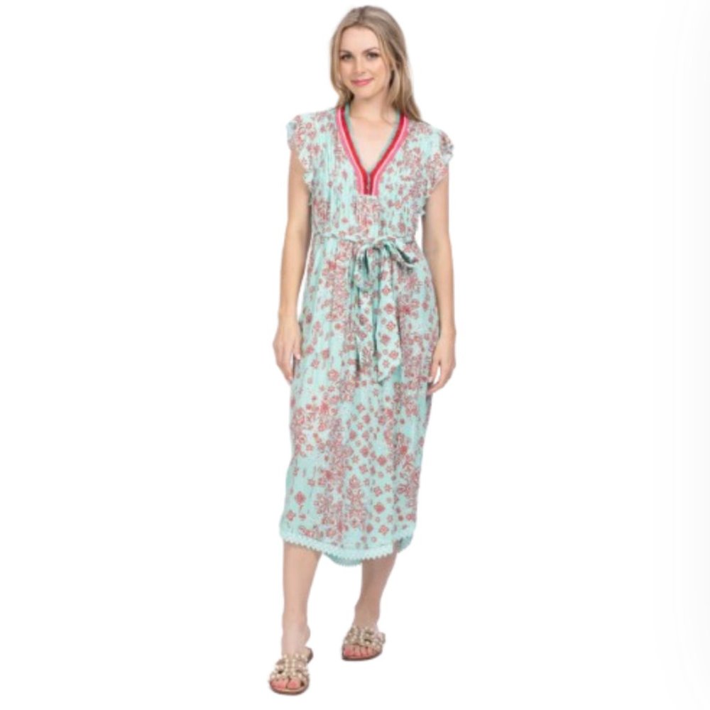 Poupette St Barth Sasha Midi Dress Womens Medium Green Aqua Red Bijou Batik Boho